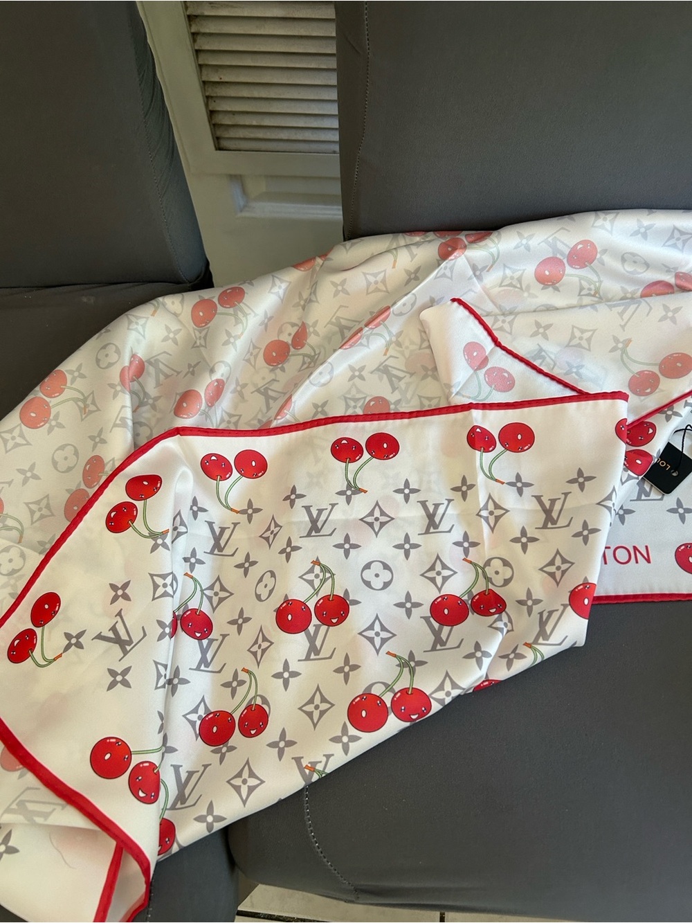 Louis Vuitton White Silk Scarf with Red Cherry Motif - Picture 3 of 4